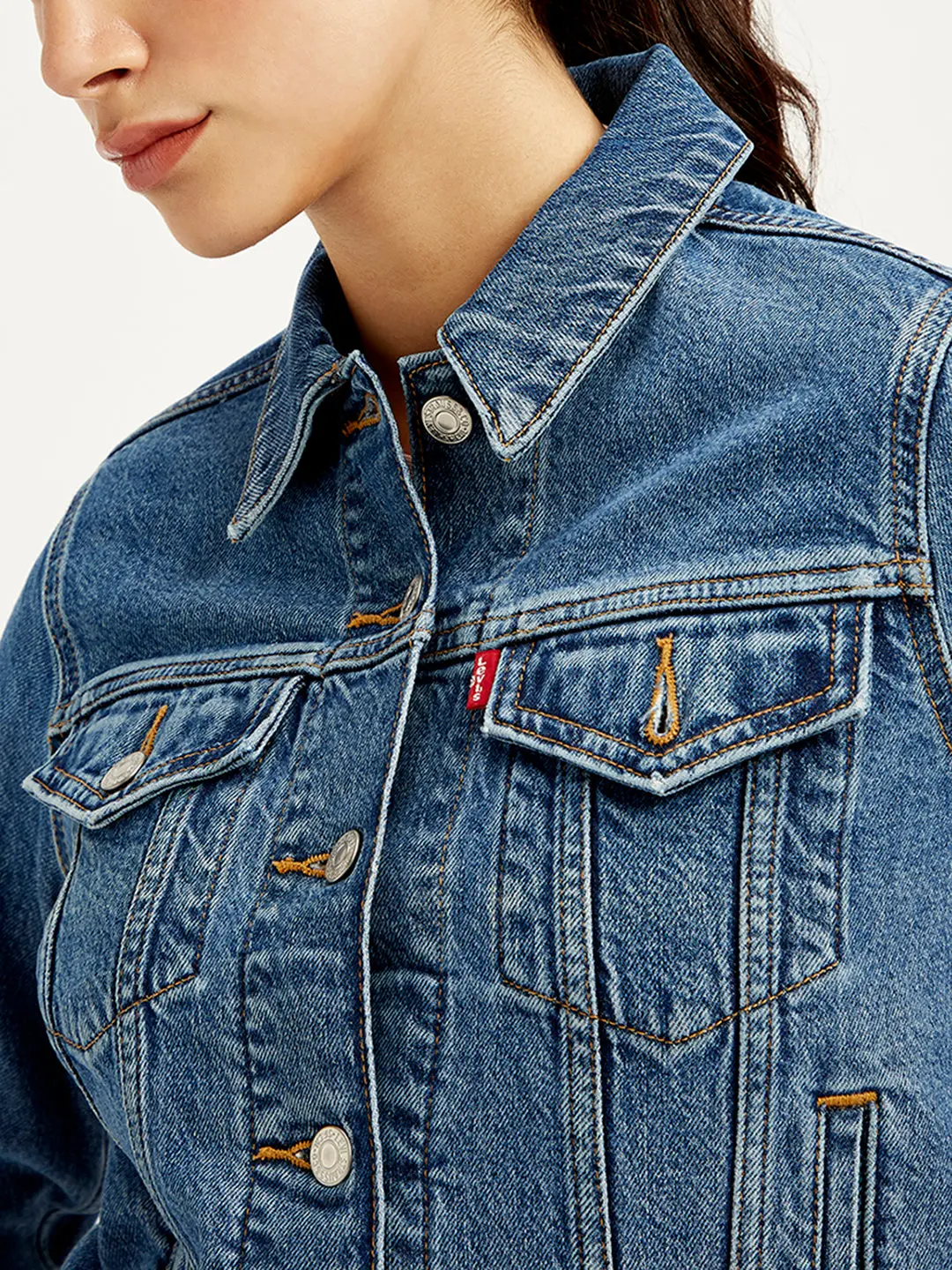 Women's Solid Blue Spread Collar Denim Jacket 5