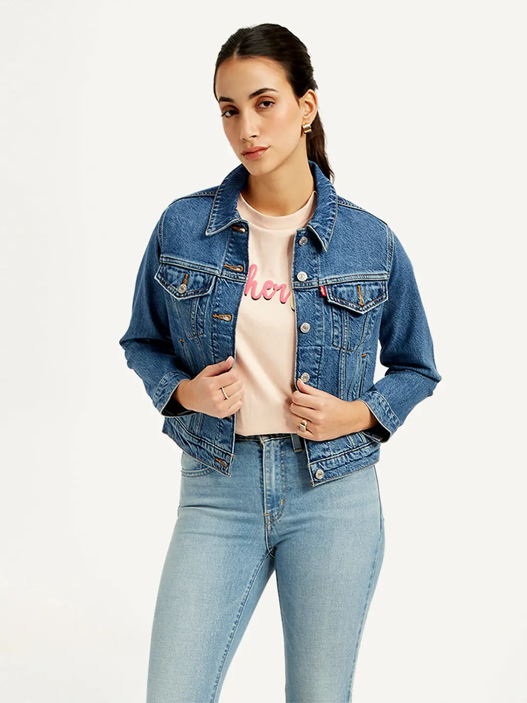 Women's Solid Blue Spread Collar Denim Jacket 1