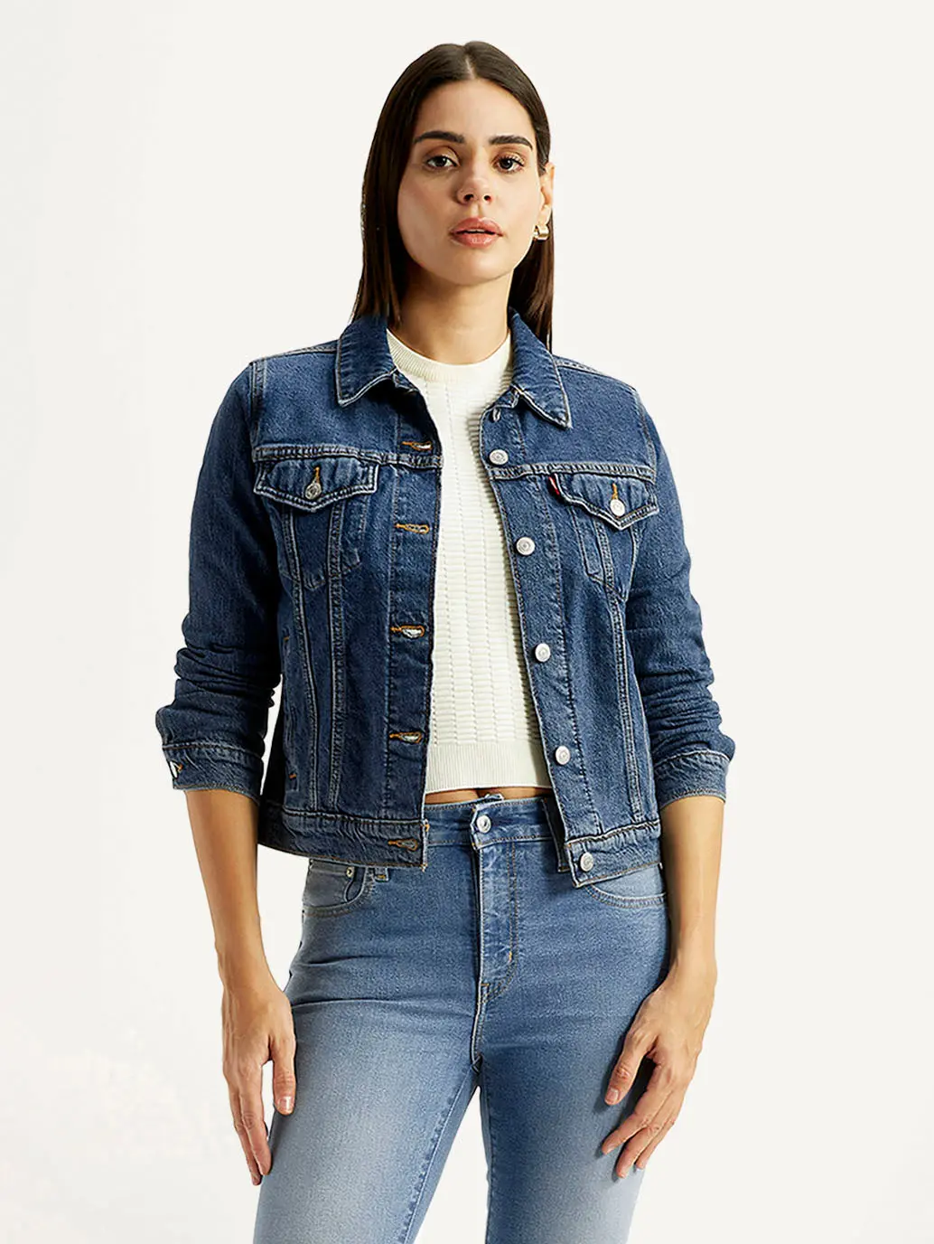 Women's Solid Blue Trucker Jacket 1