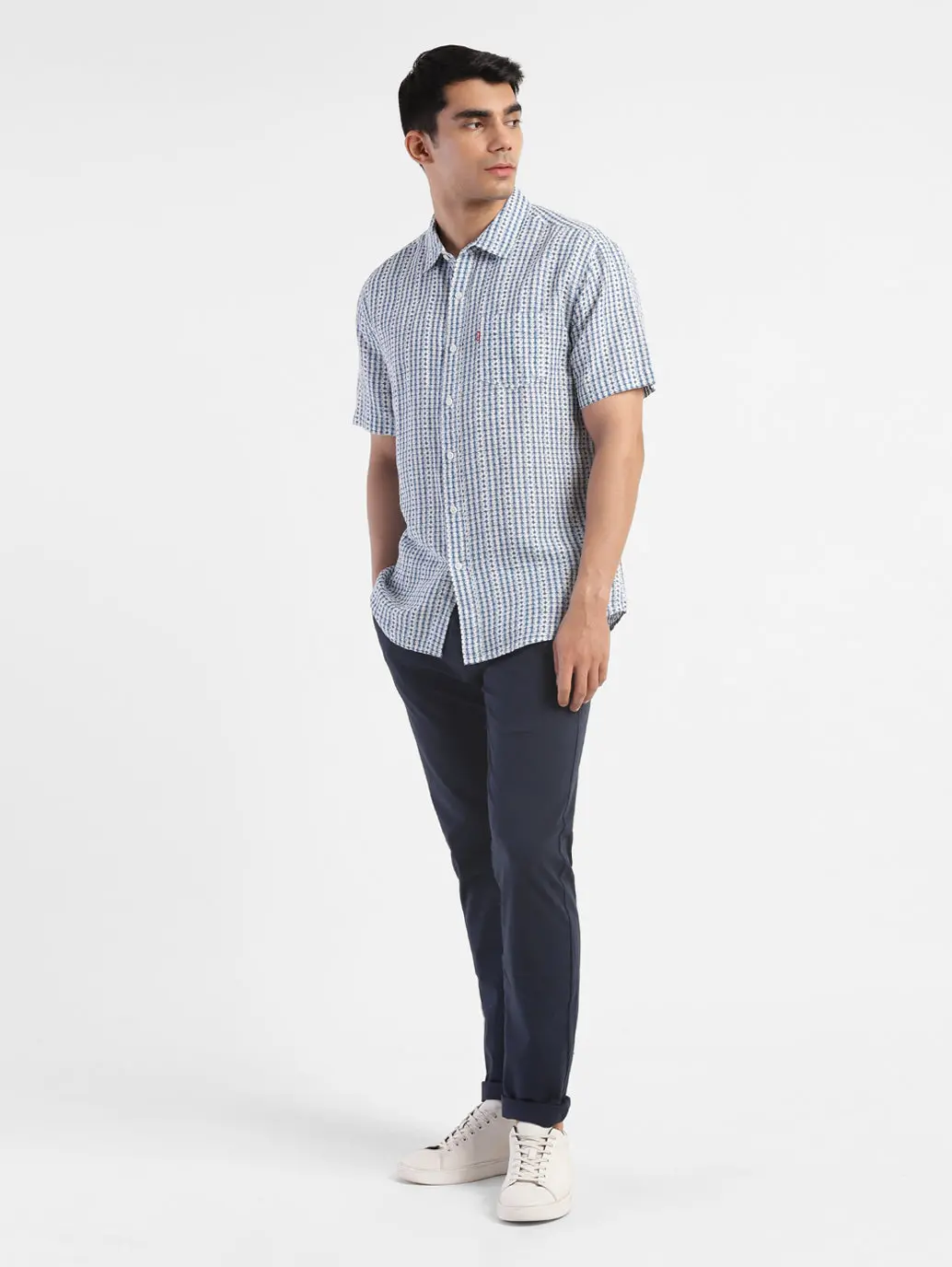 Men's Geometric Print Spread Collar Linen Shirt Blue 1
