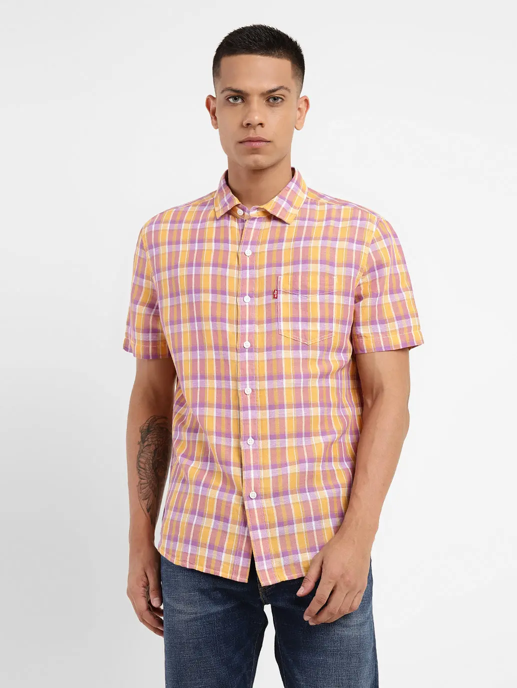 Men's Checkered Spread Collar Linen Shirt 1
