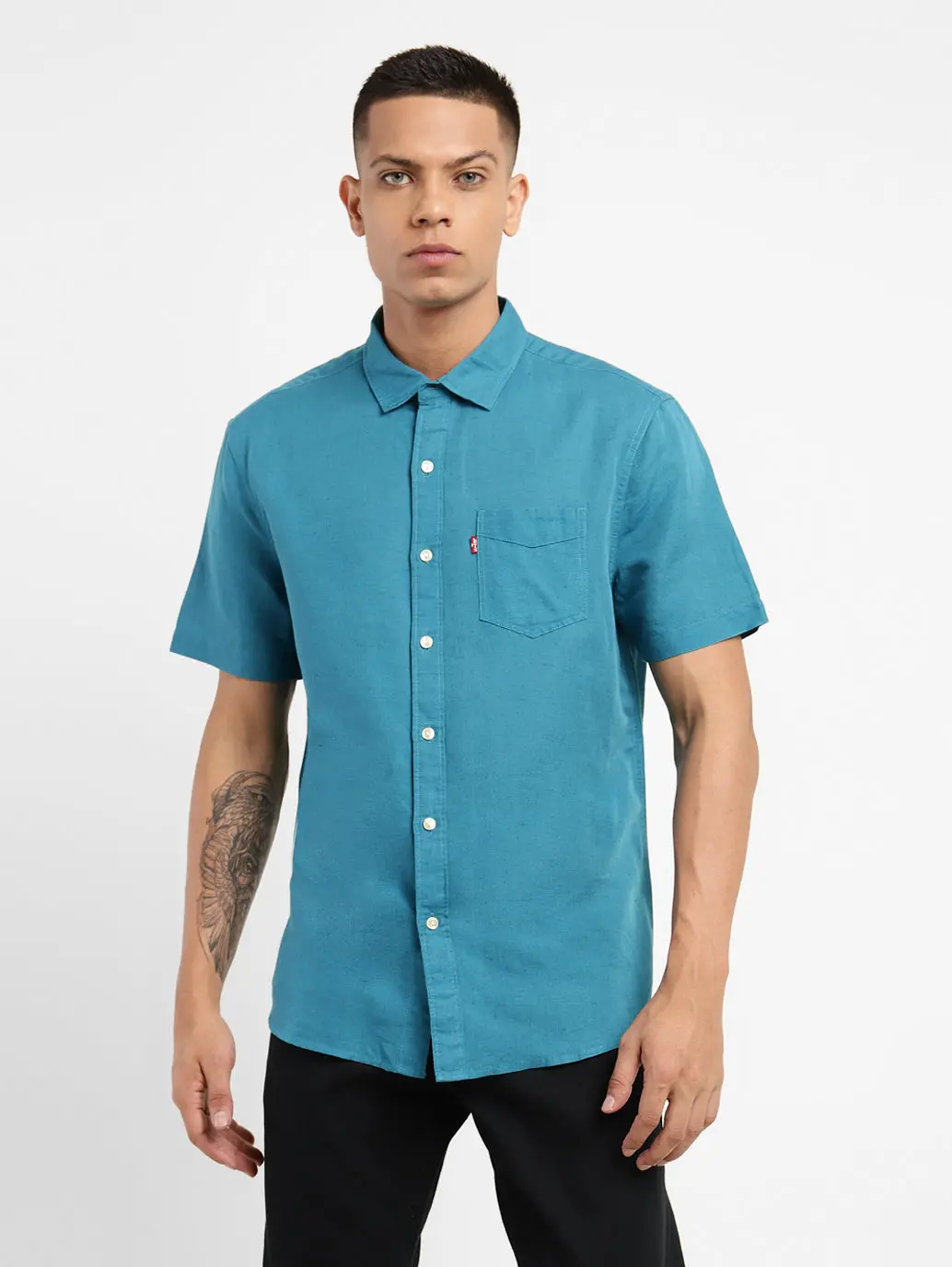 Men's Solid Spread Collar Linen Shirt 1