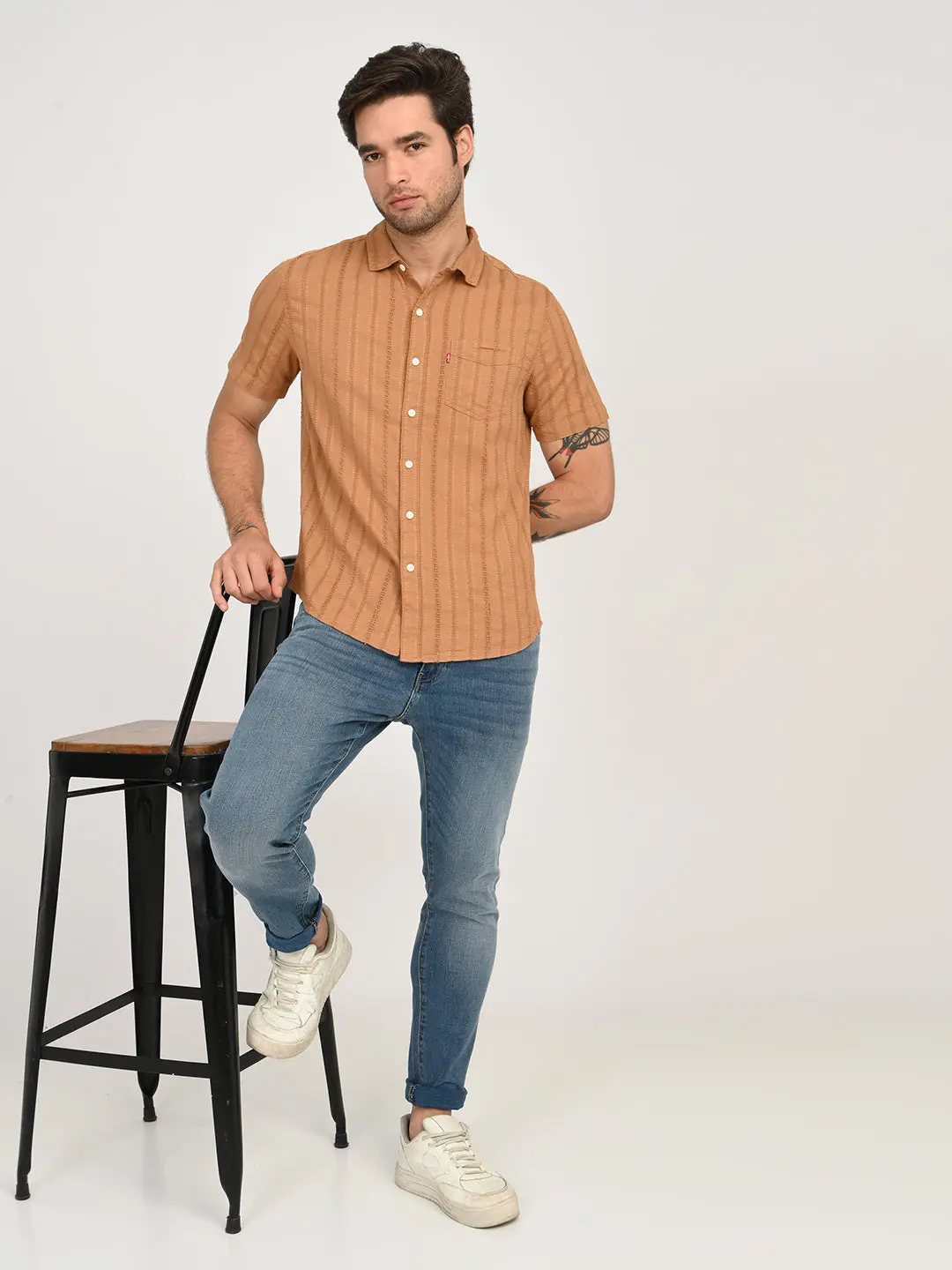 Men's Textured Light Brown Slim Fit Shirt 1