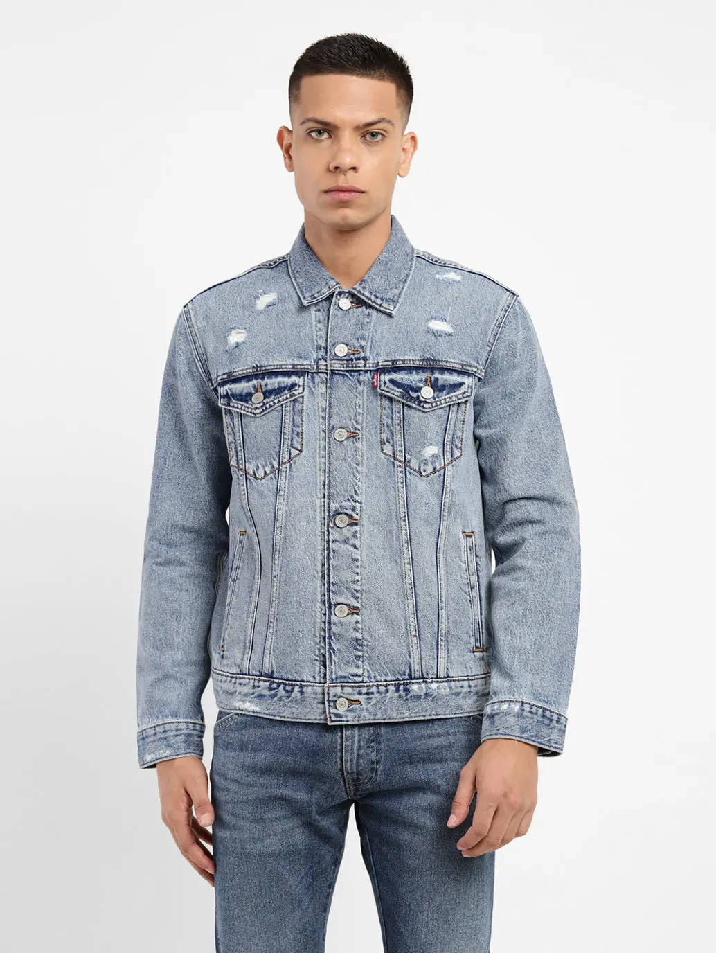 Men's Solid Spread Collar Denim Jacket 1