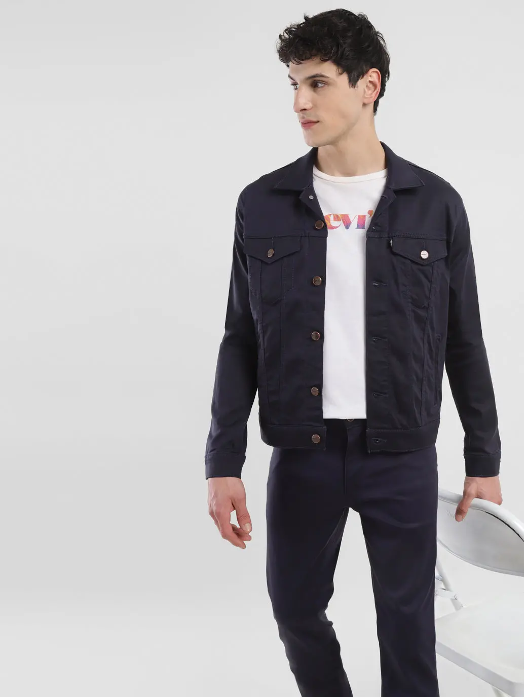Men's Redloop Solid Navy Spread Collar Jackets 1