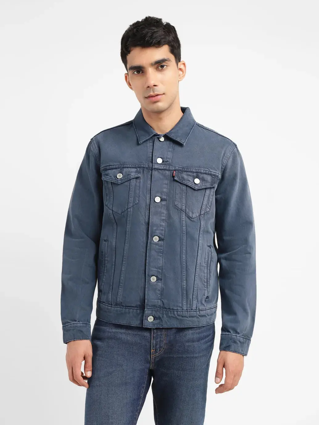 Men's Solid Mid Indigo Spread Collar Denim Jacket 1