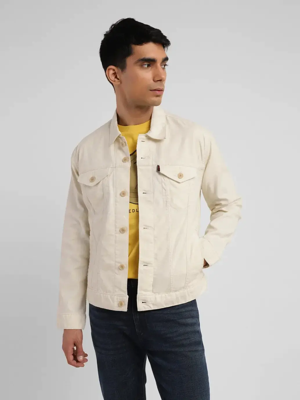 Men's Redloop Solid Cream Spread Collar Trucker Jacket 1