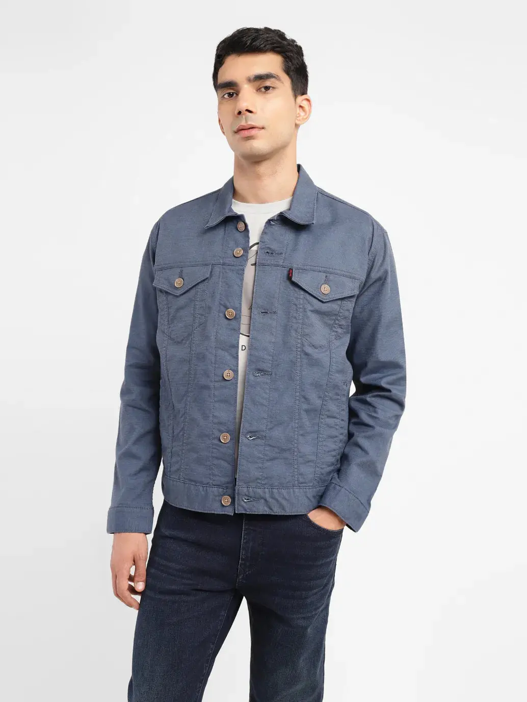 Men's Redloop Solid Grey Spread Collar Trucker Jacket 1