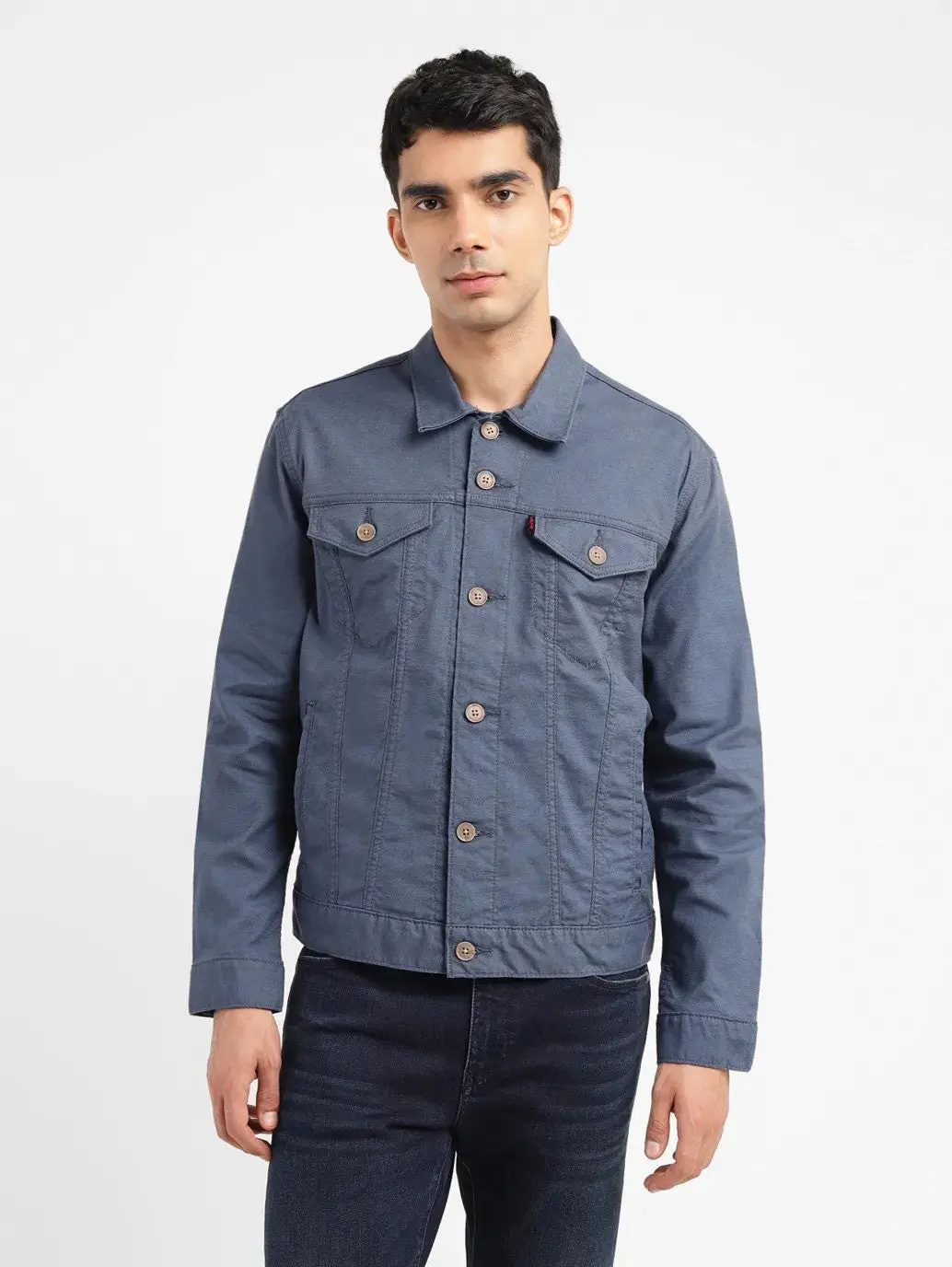 Men's Redloop Solid Grey Spread Collar Trucker Jacket 1