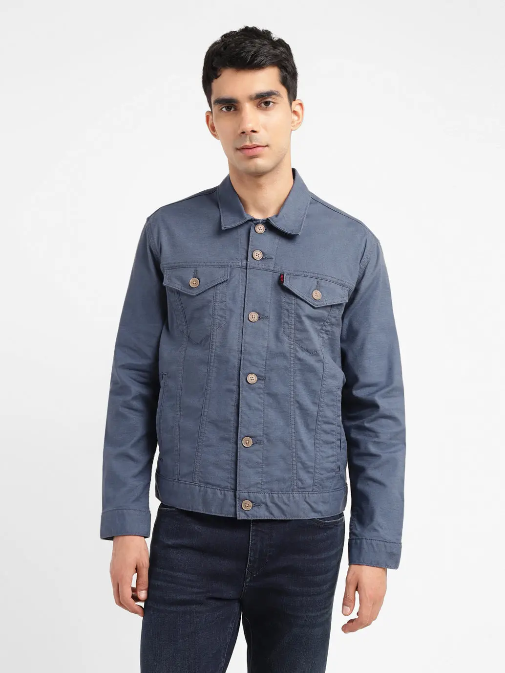 Men's Redloop Solid Grey Spread Collar Trucker Jacket 2