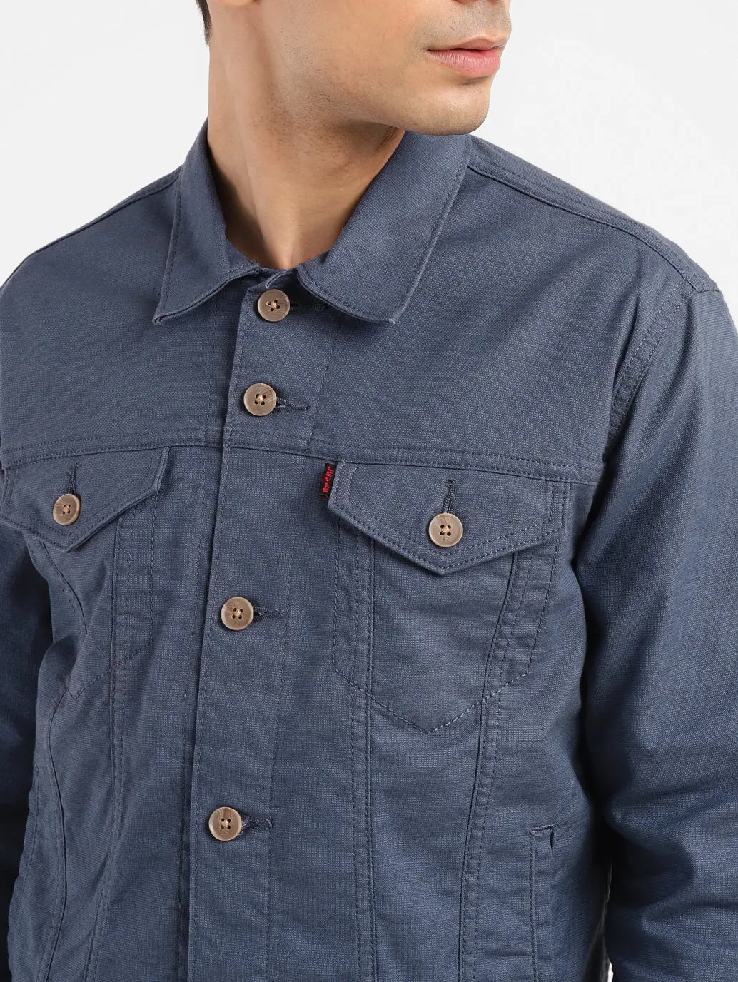 Men's Redloop Solid Grey Spread Collar Trucker Jacket 4