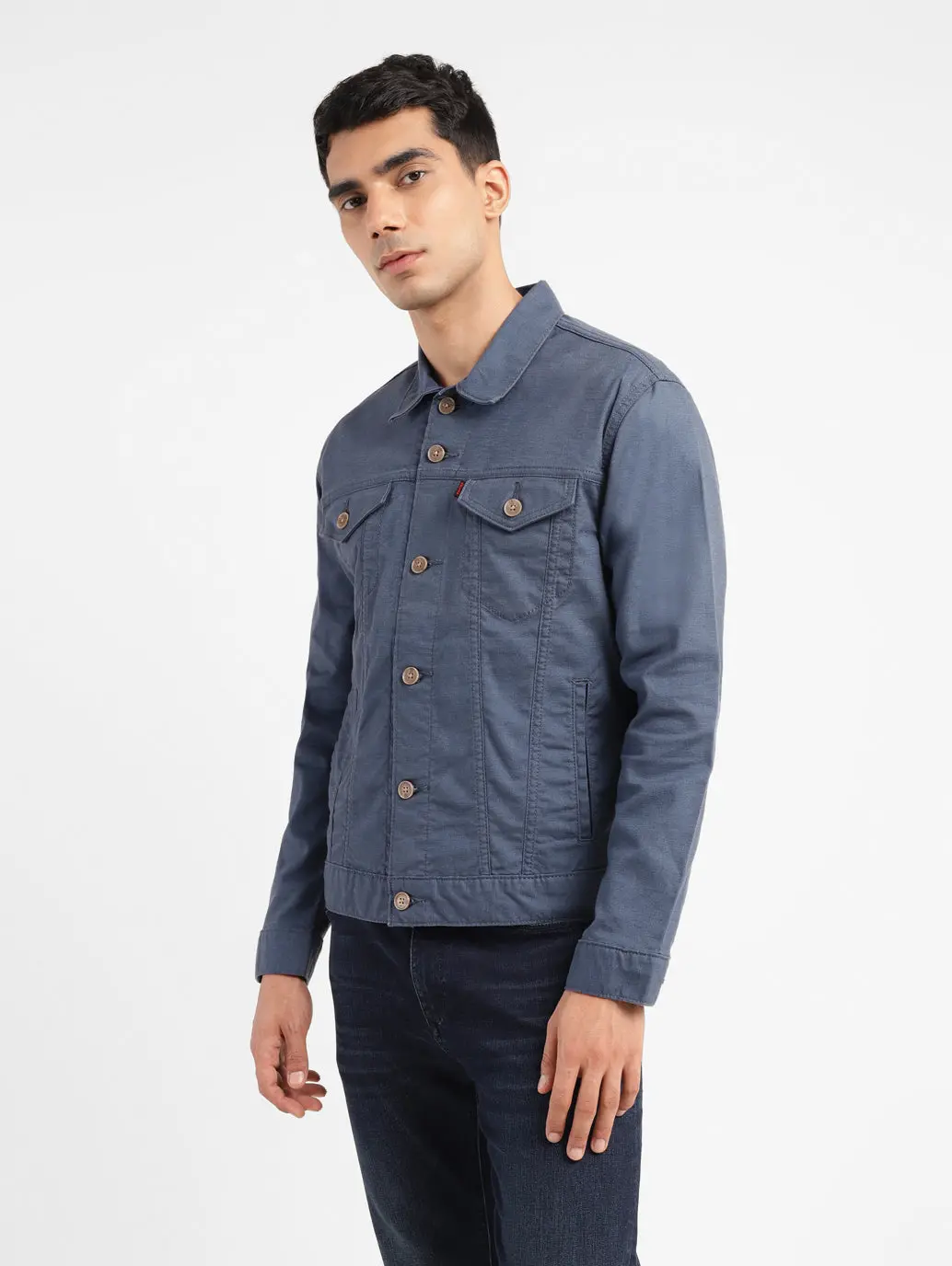 Men's Redloop Solid Grey Spread Collar Trucker Jacket 5