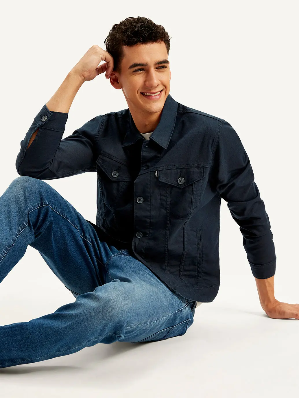 Men's Redloop Solid Navy Spread Collar Trucker Jacket 1