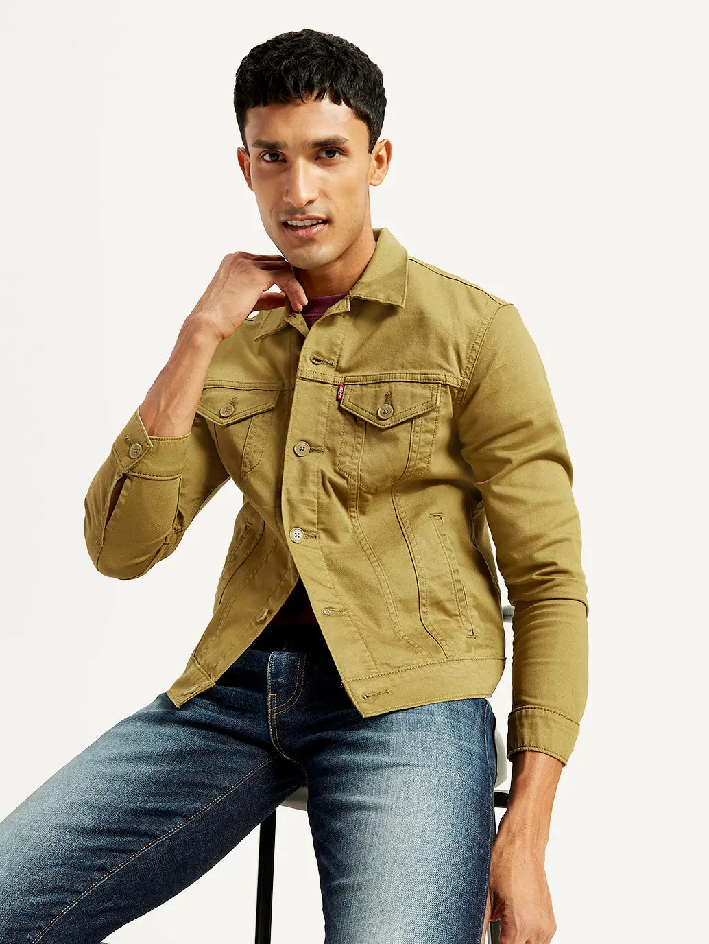 Men's Solid Tan Spread Collar Trucker Jacket 1
