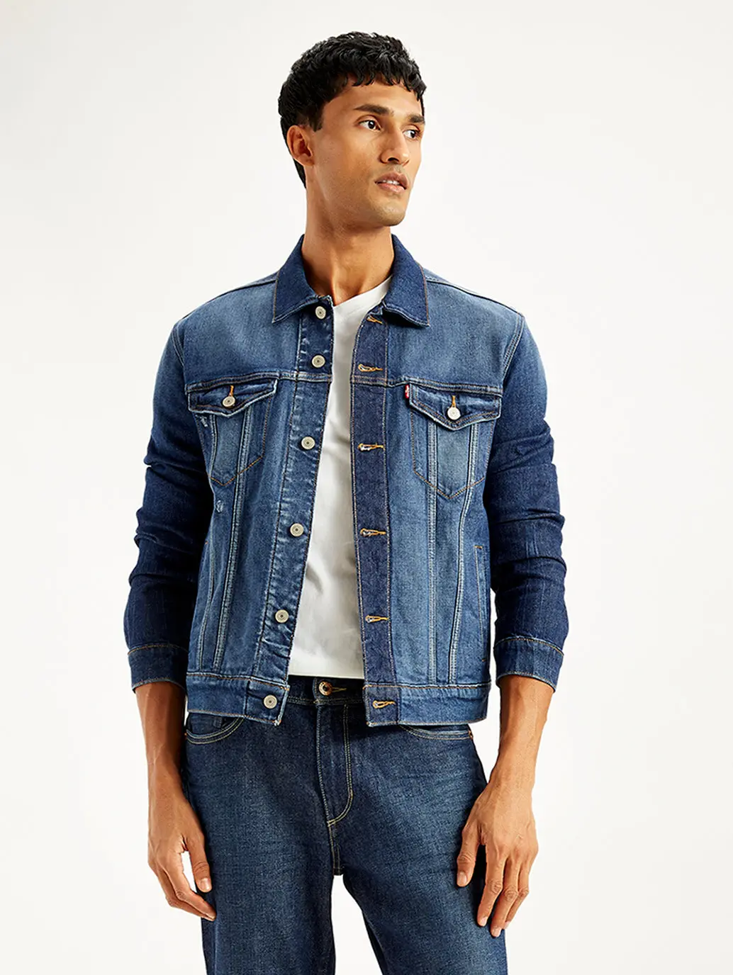 Men's Solid Navy Spread Collar Trucker Denim Jacket 1