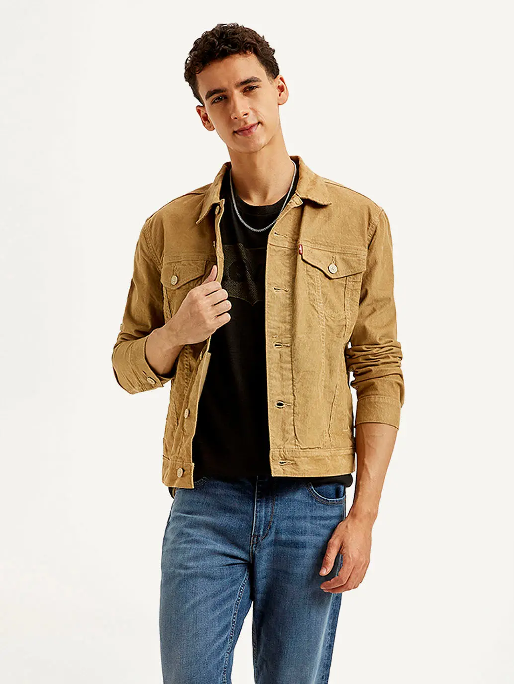 Men's Solid Light Brown Spread Collar Corduroy Jacket 1