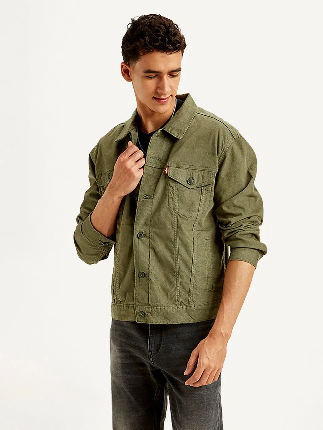 Men's Solid Olive Spread Collar Corduroy Jacket 1