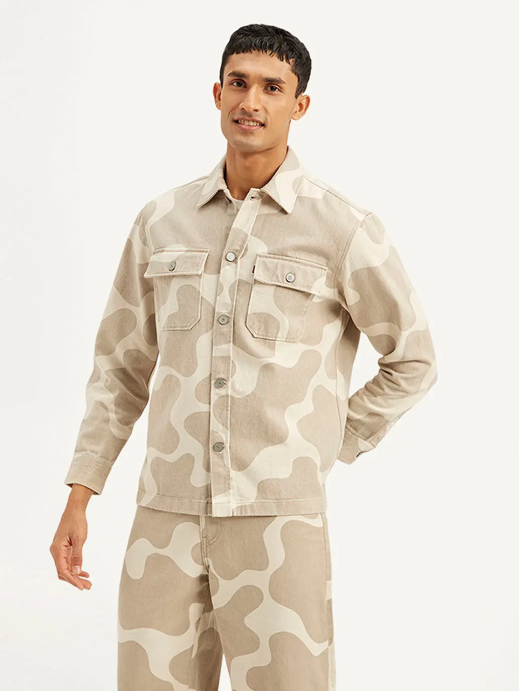 Men's Abstract Beige Relaxed Fit Utility Overshirt 3