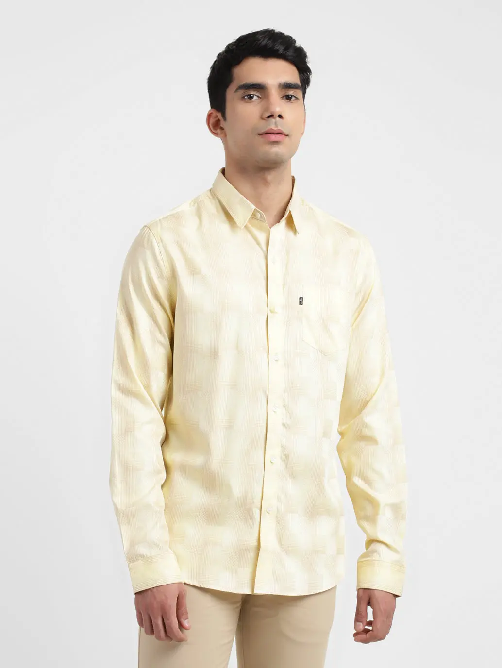 Men's Checkered Spread Collar Shirt Beige 1
