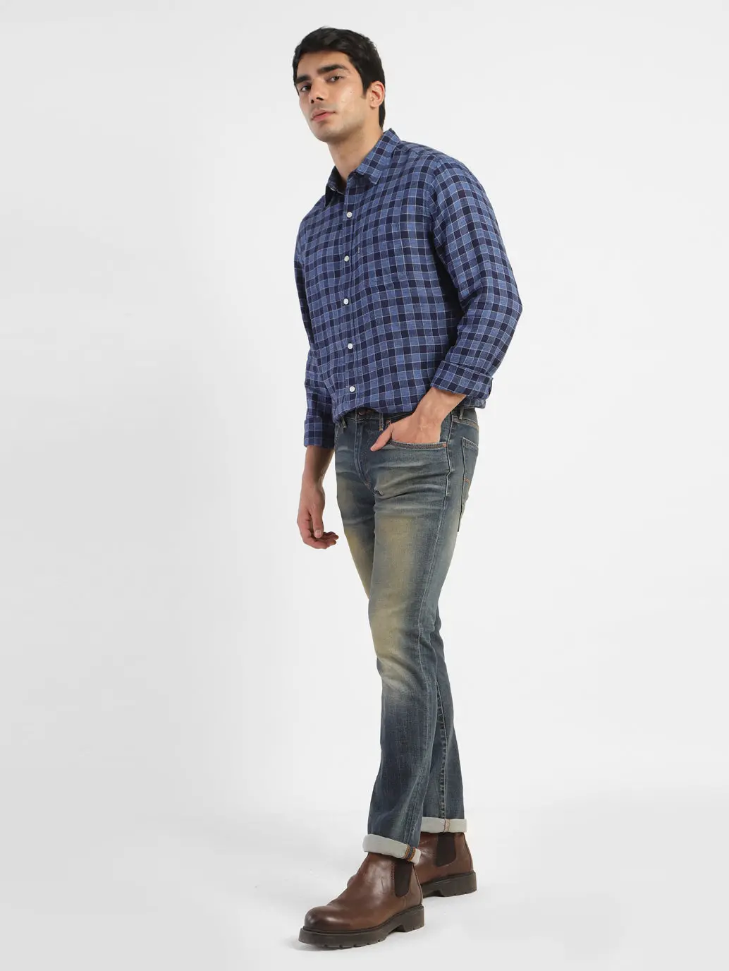 Men's Checkered Spread Collar Linen Shirt 1