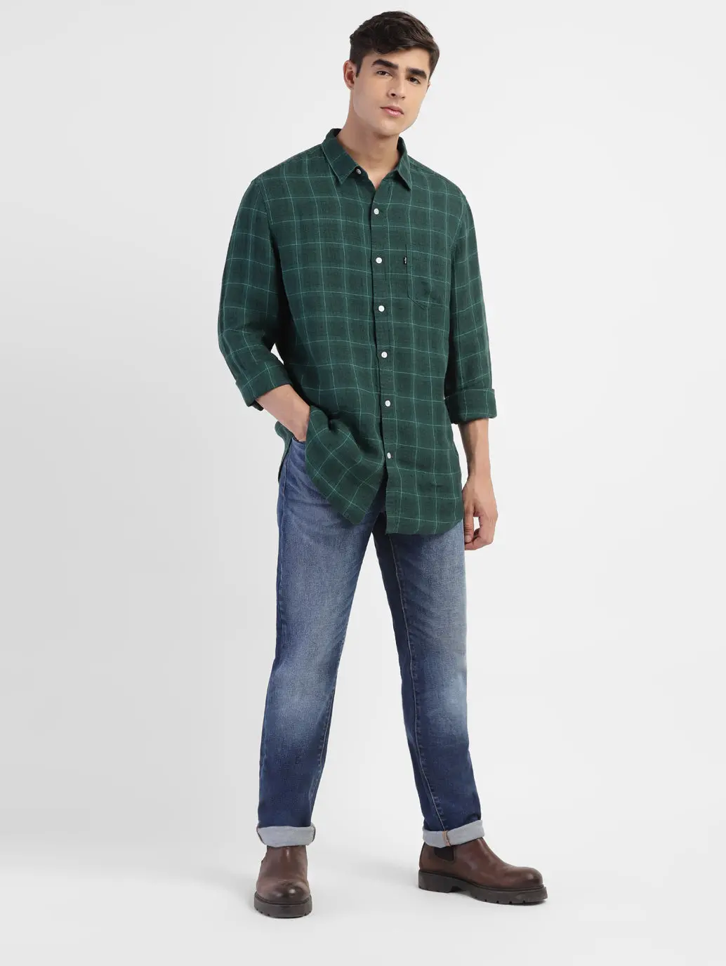 Men's Checkered Spread Collar Linen Shirt 1