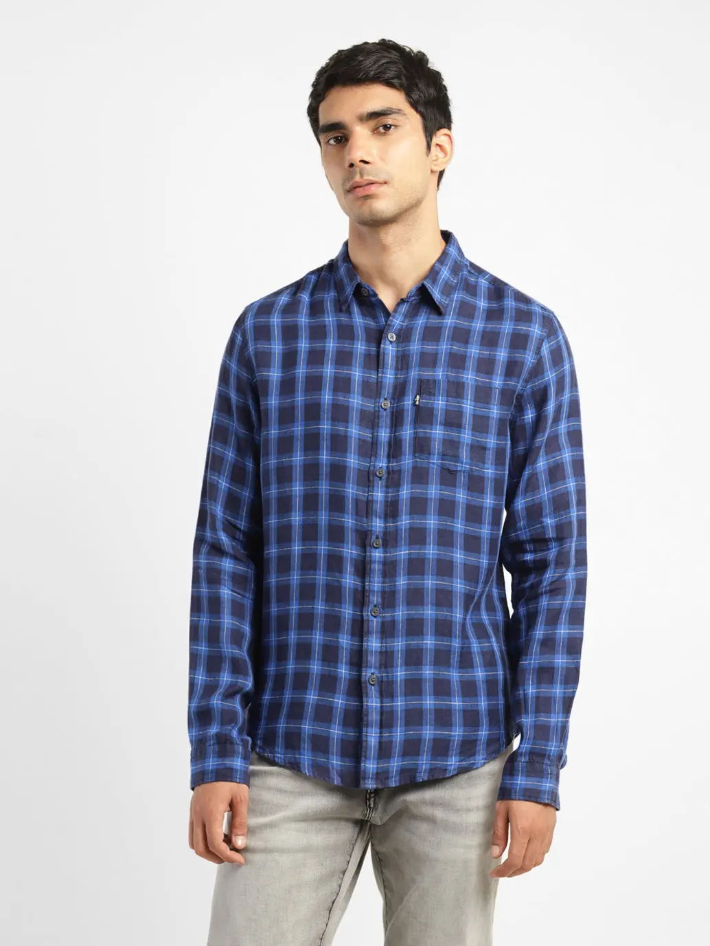 Men's Checkered Slim Fit Linen Shirt 1