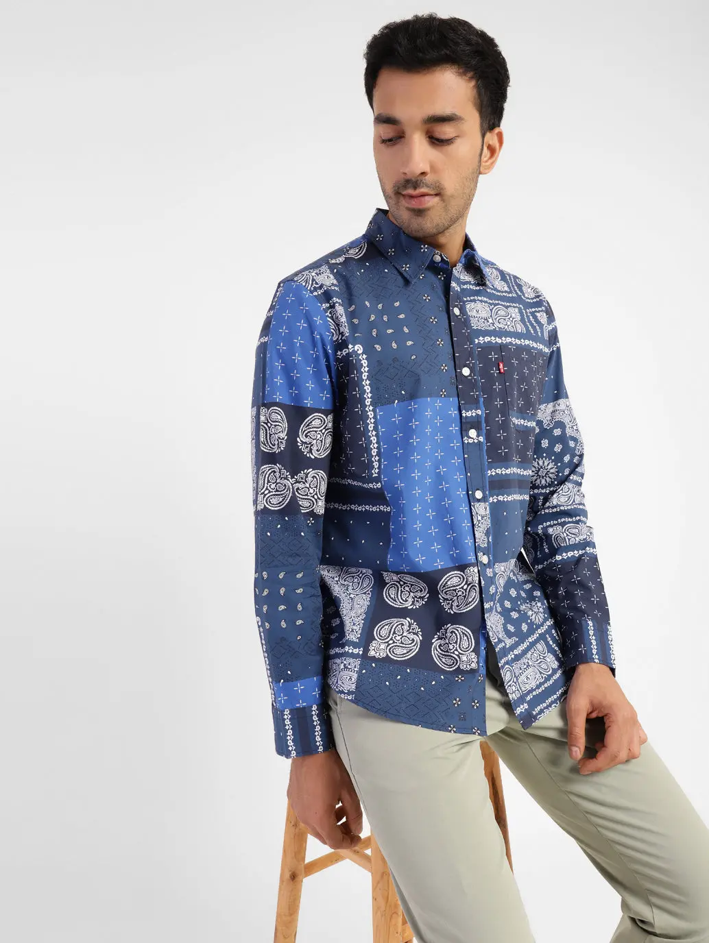 Men's Ethnic Motifs Slim Fit Shirt Blue 2