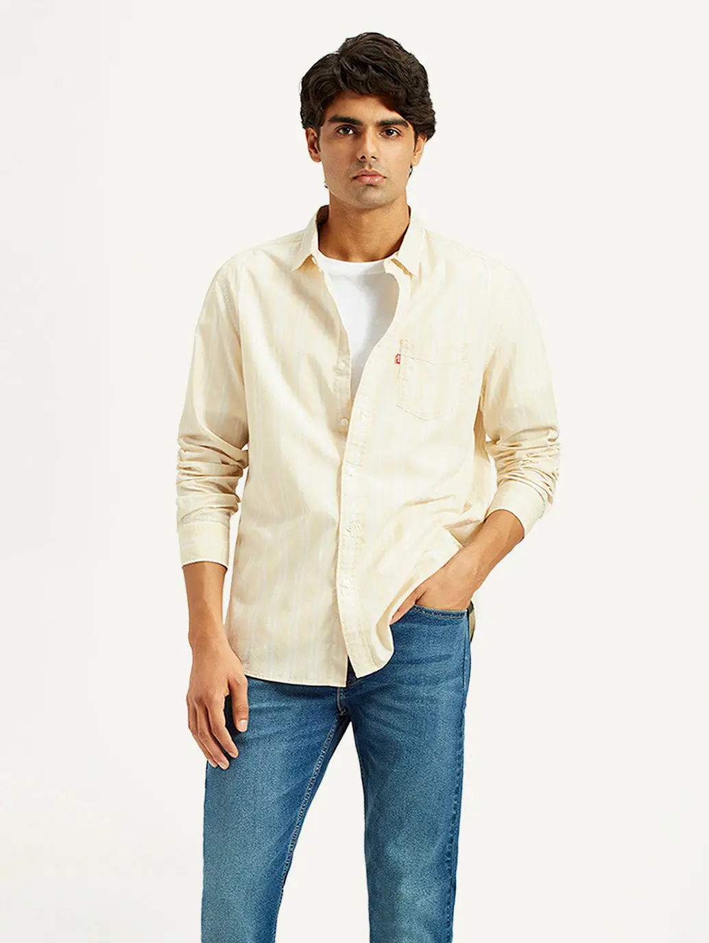 Men's Striped Beige Slim Fit Shirt 1