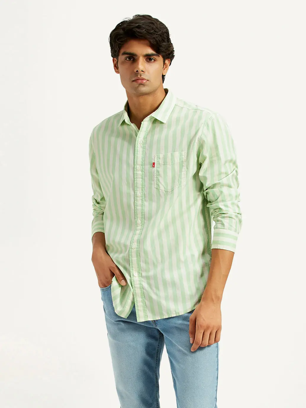 Men's Striped Light Green Slim Fit Shirt 1