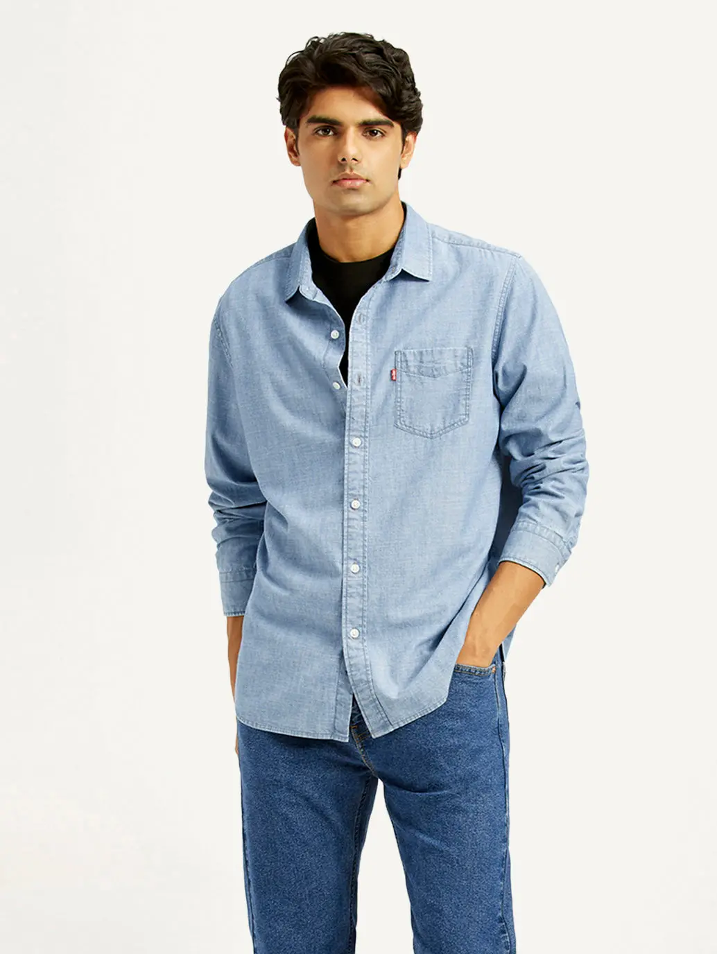 Men's Solid Light Blue Slim Fit Denim Shirt 1