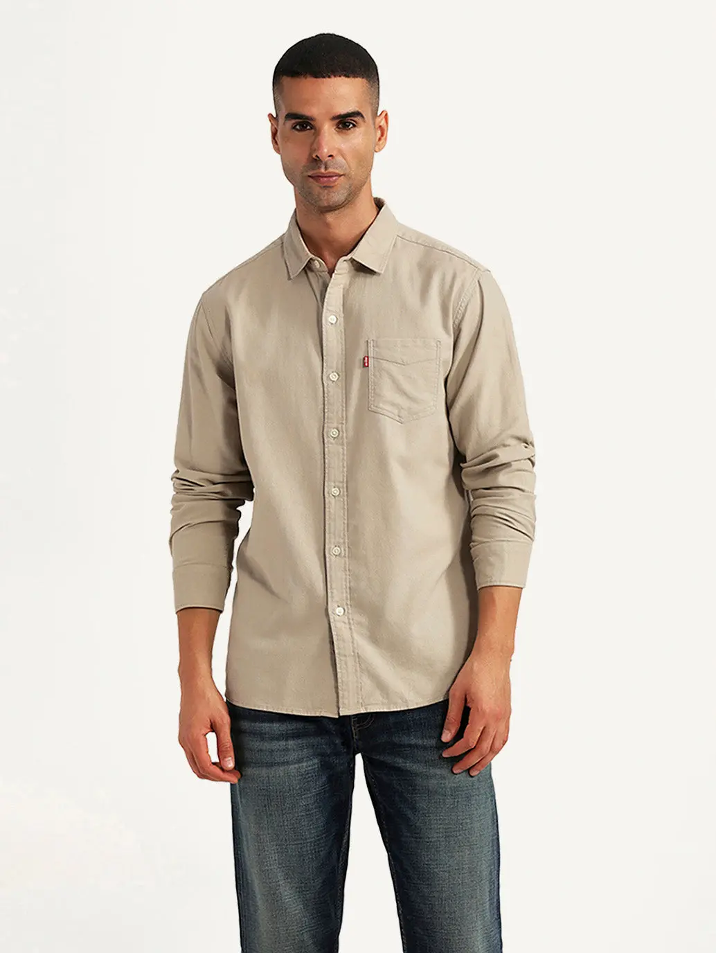 Men's Solid Beige Slim Fit Oxford Shirt 1
