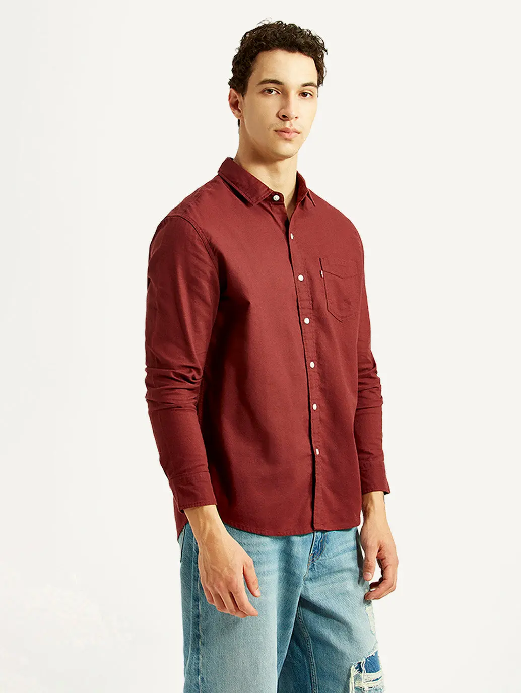 Men's Solid Maroon Slim Fit Oxford Shirt 5