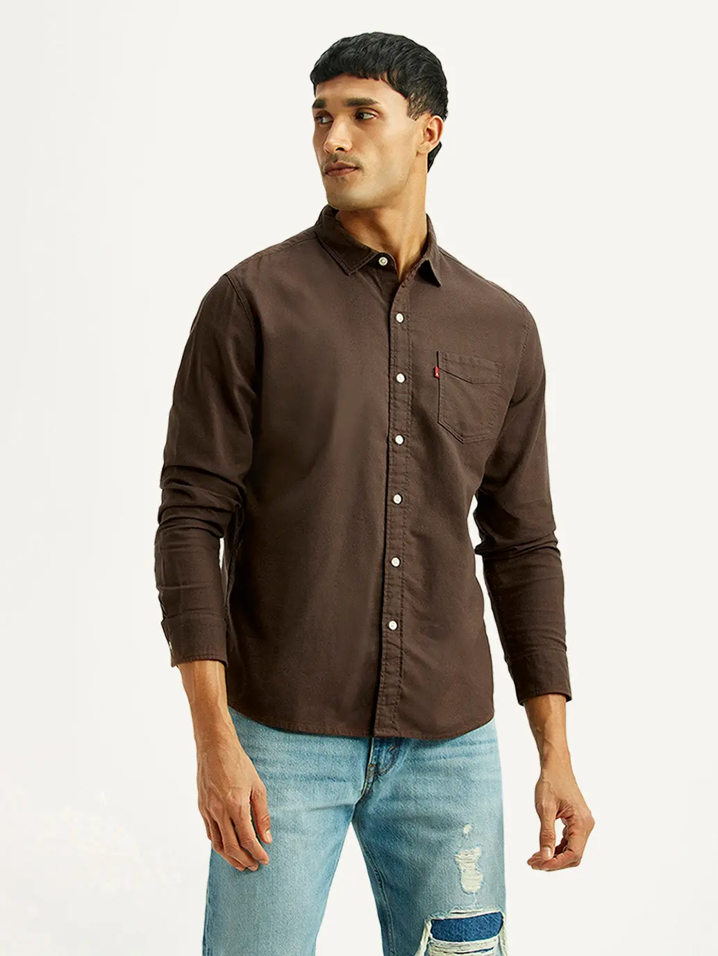 Men's Solid Brown Slim Fit Oxford Shirt 1