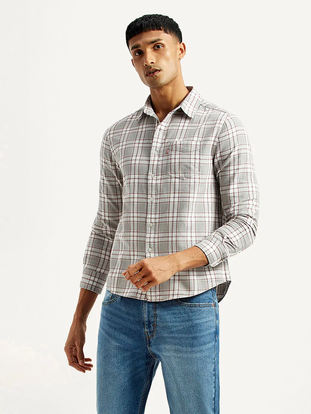 Men's Checkered Light Grey Slim Fit Shirt 1