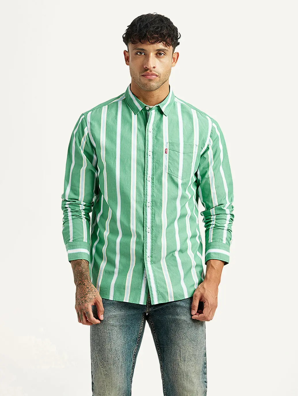 Men's Striped Green Slim Fit Poplin Shirt 1