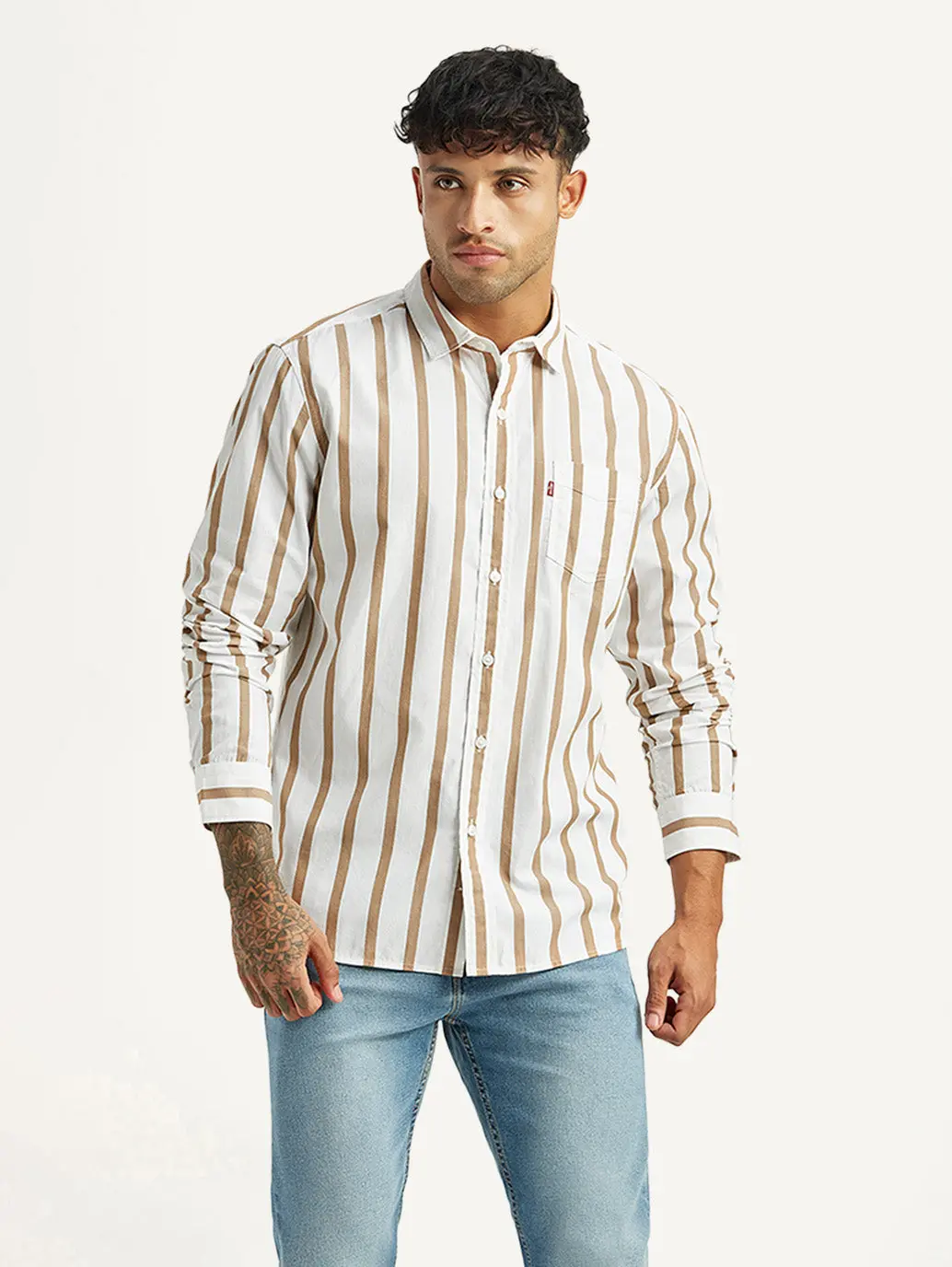 Men's Striped White Slim Fit Poplin Shirt 1