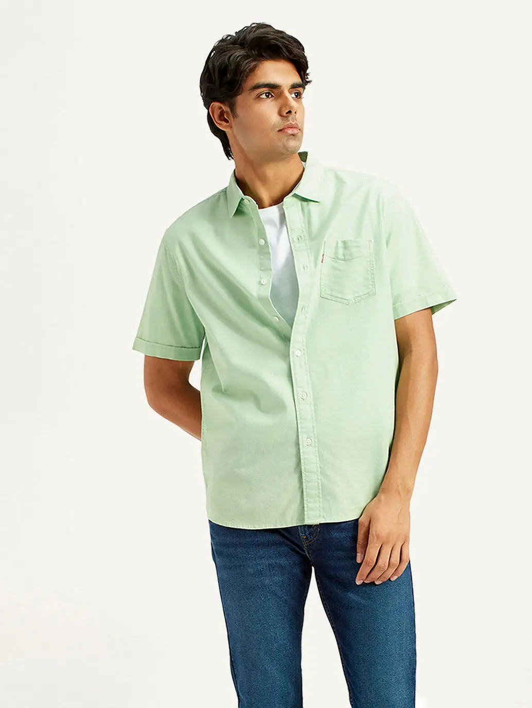 Men's Solid Green Spread Collar Shirt 1