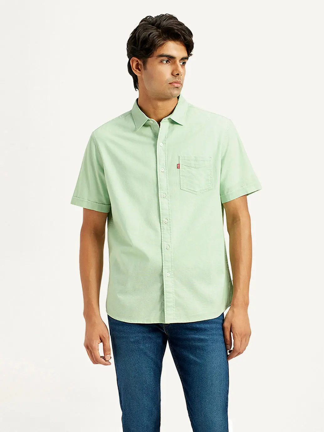 Men's Solid Green Spread Collar Shirt 5