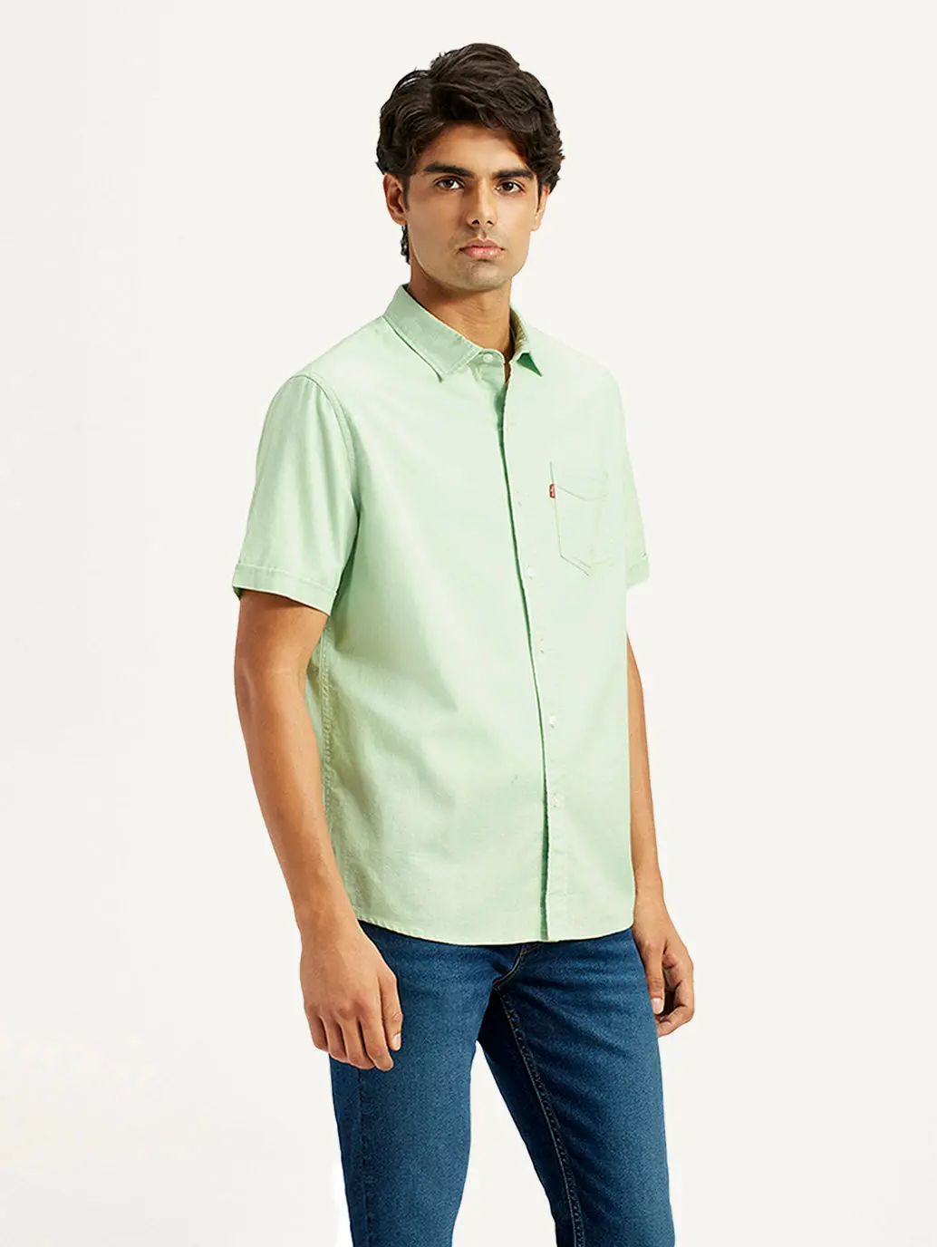 Men's Solid Green Spread Collar Shirt 4