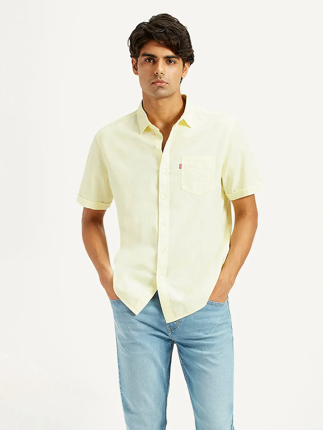 Men's Solid Yellow Spread Collar Shirt 1
