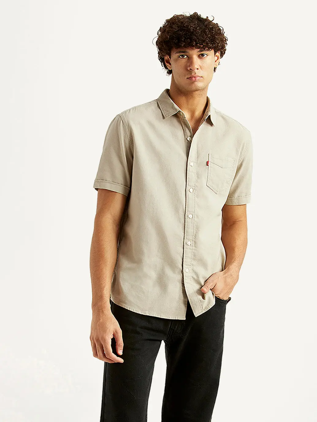 Men's Solid Beige Slim Fit Oxford Shirt 1