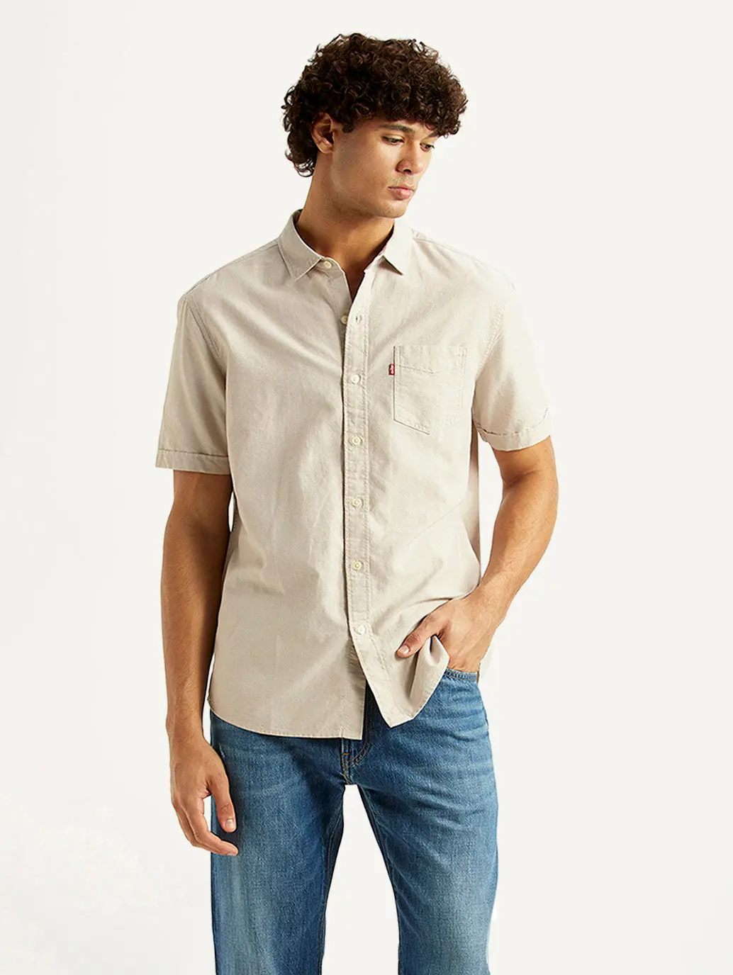 Men's Solid Beige Slim Fit Oxford Shirt 1
