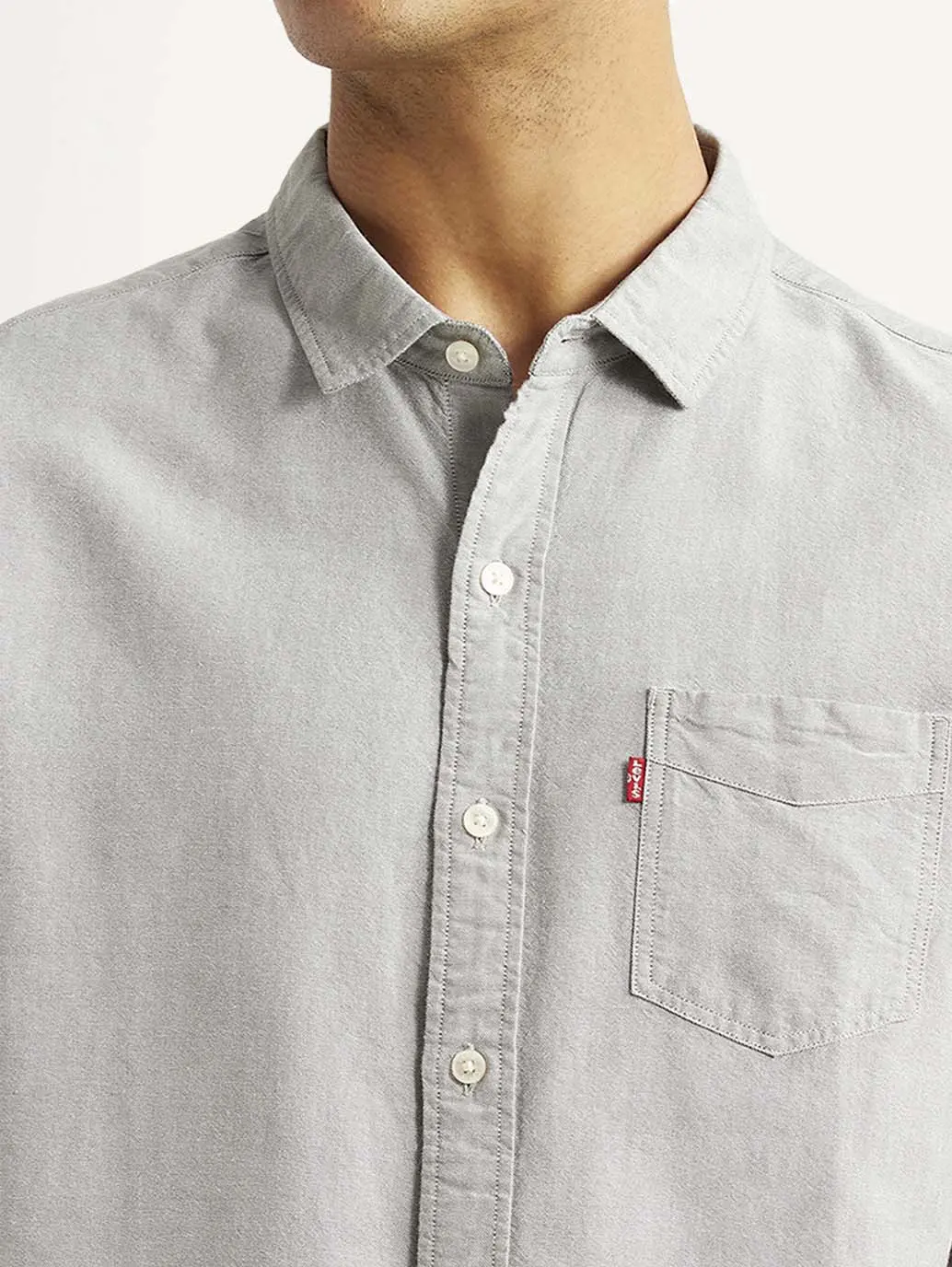 Men's Solid Light Grey Slim Fit Oxford Shirt 4
