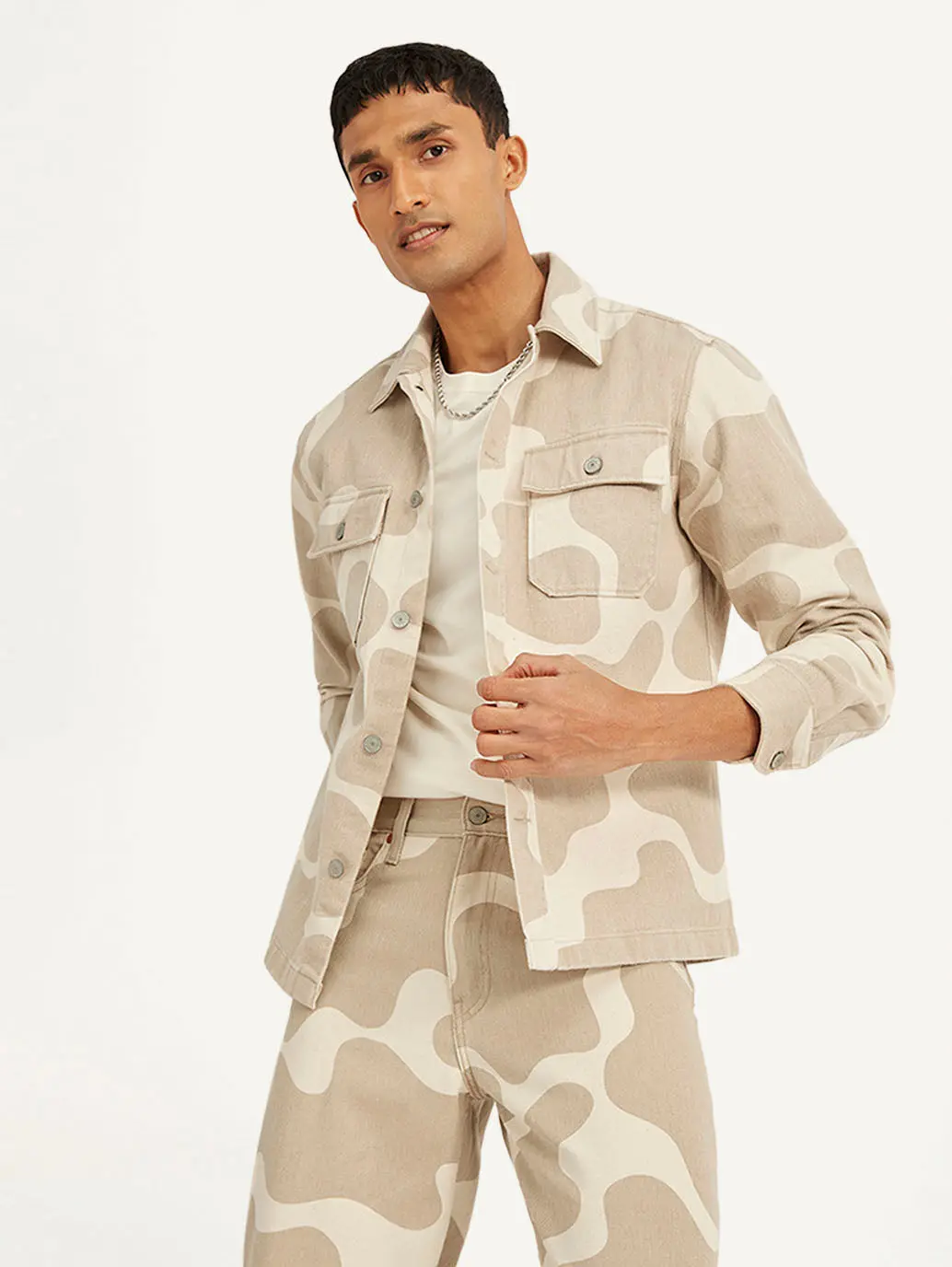 Men's Abstract Beige Relaxed Fit Utility Overshirt 2