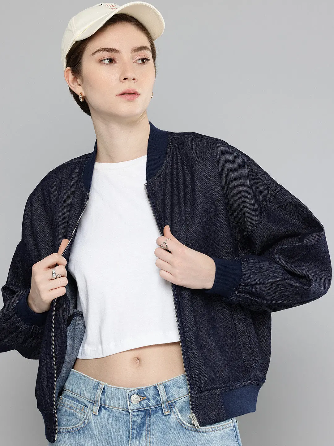 Women's Embroidered Navy Bomber Jacket 1