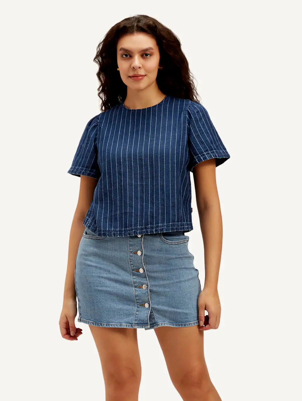Women's Striped Dark Blue Round Neck Denim Top 1