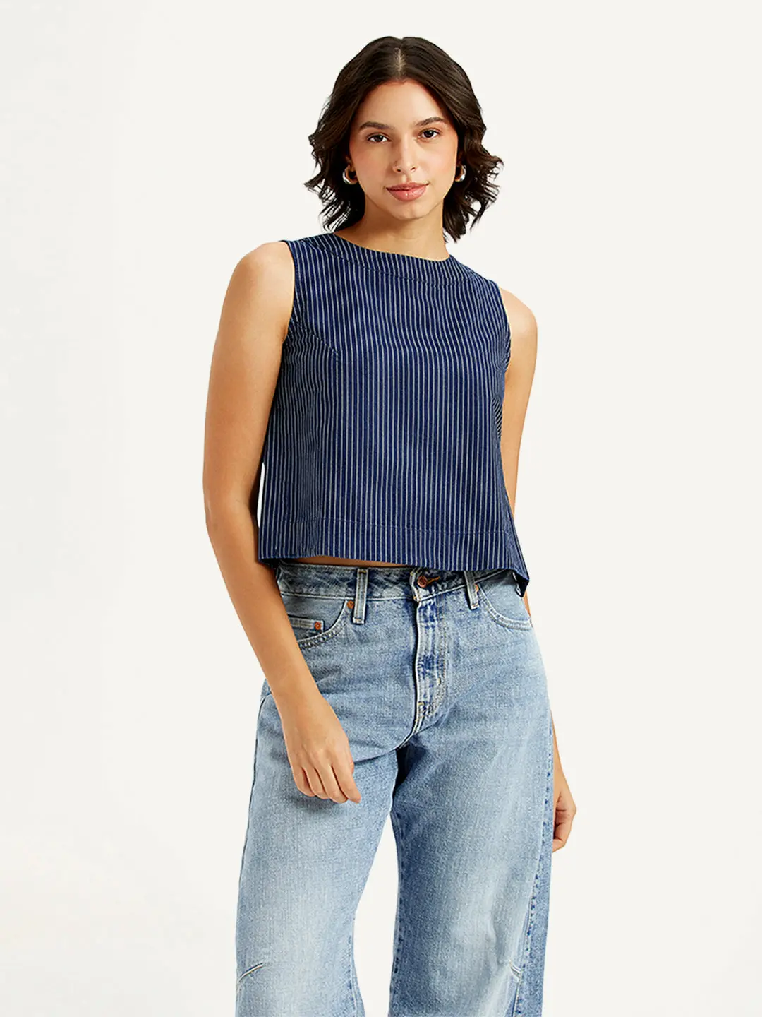 Women's Striped Blue Boat Neck Top 1