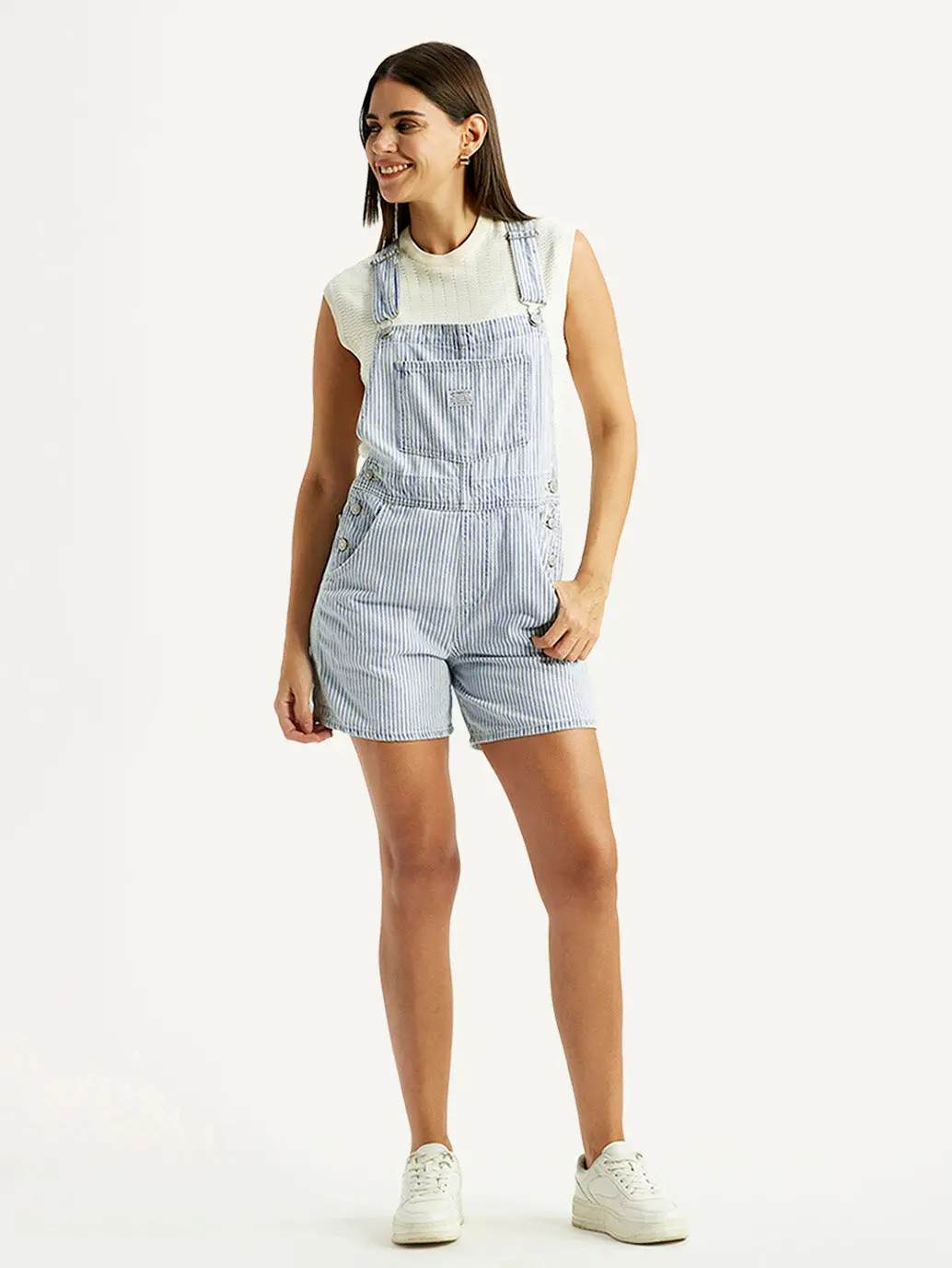 Women's Striped Light Blue Square Neck Dungaree 1