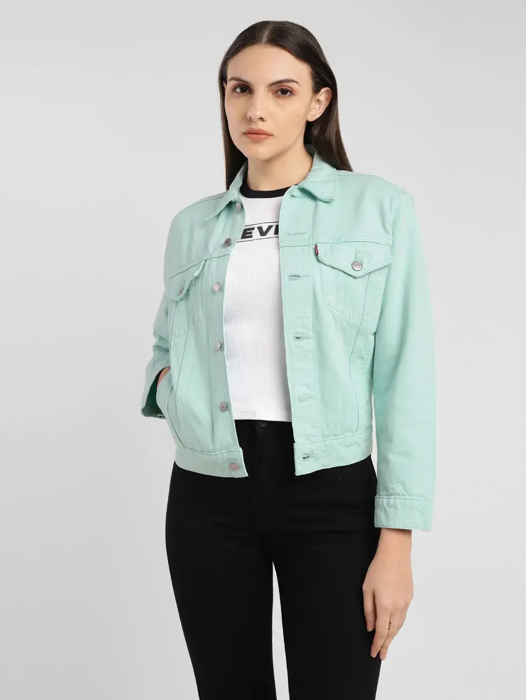 Women's Solid Spread Collar Denim Jacket 1