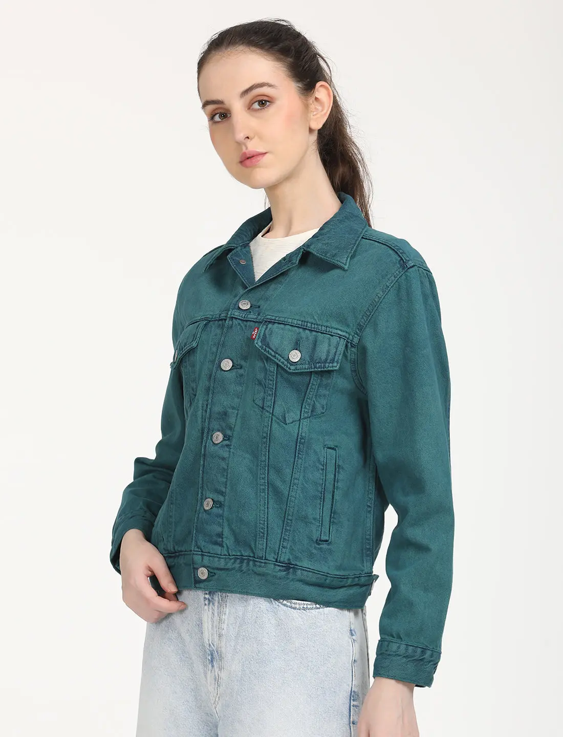 Women's Solid Teal Green Spread Collar Trucker Jacket 1